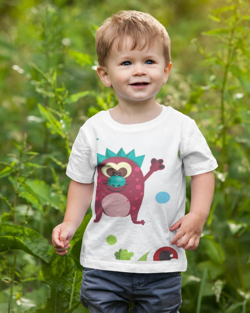 Monsters-pattern-mockup-on-a-toddler-wearing-a-t-shirt-and-walking-in-nature