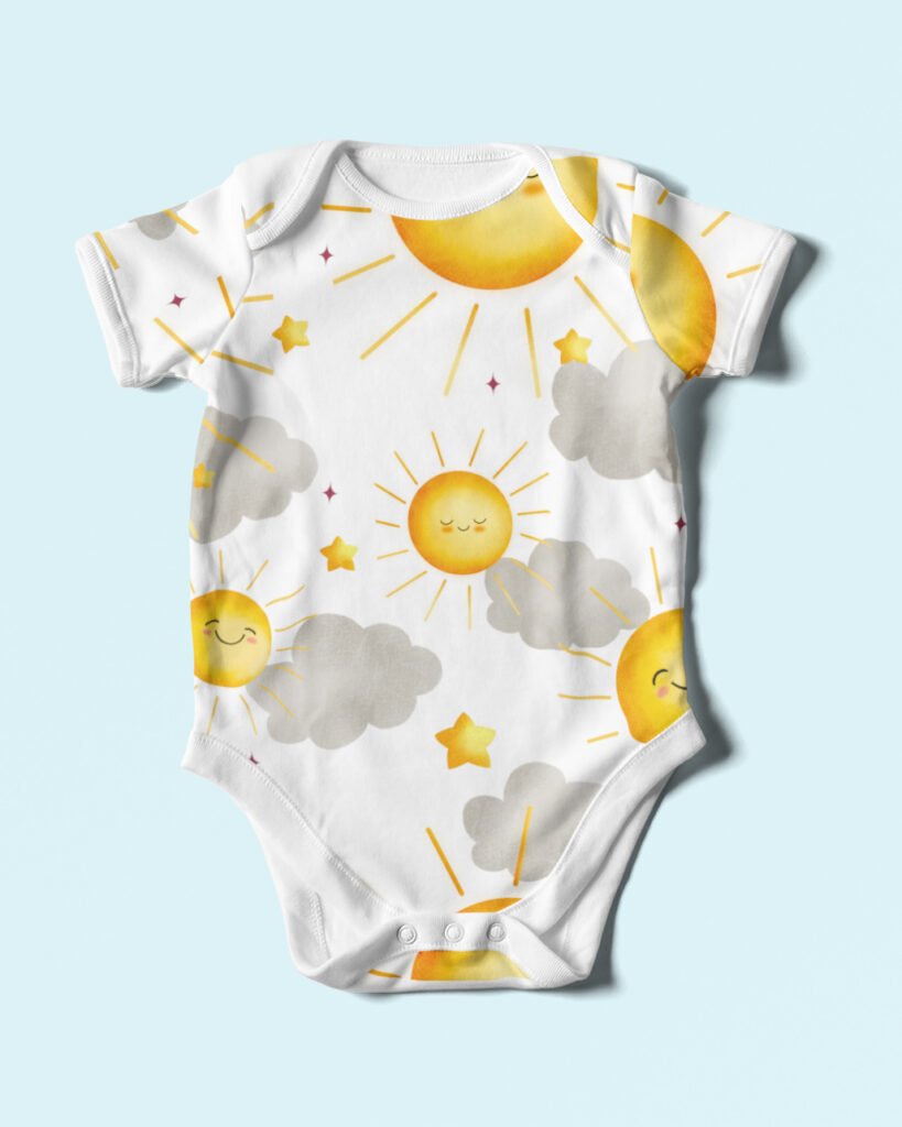 Sun-and-clouds-iLlustration-mockup-on-a-baby-onesie-lying-flat-on-a-colored-surface
