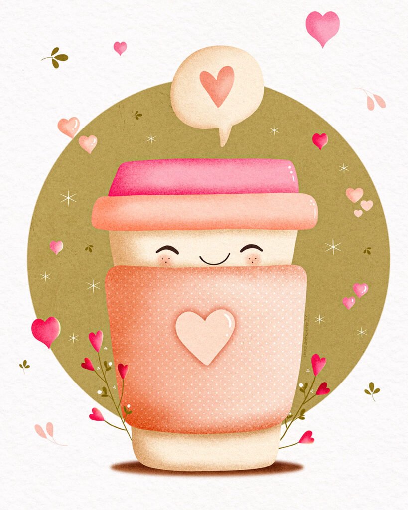 Kawaii-illustration-pink-coffee-cup-love-bees